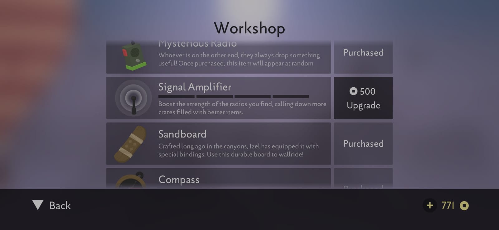 Workshop section of the game - Here you can buy items and upgrade things